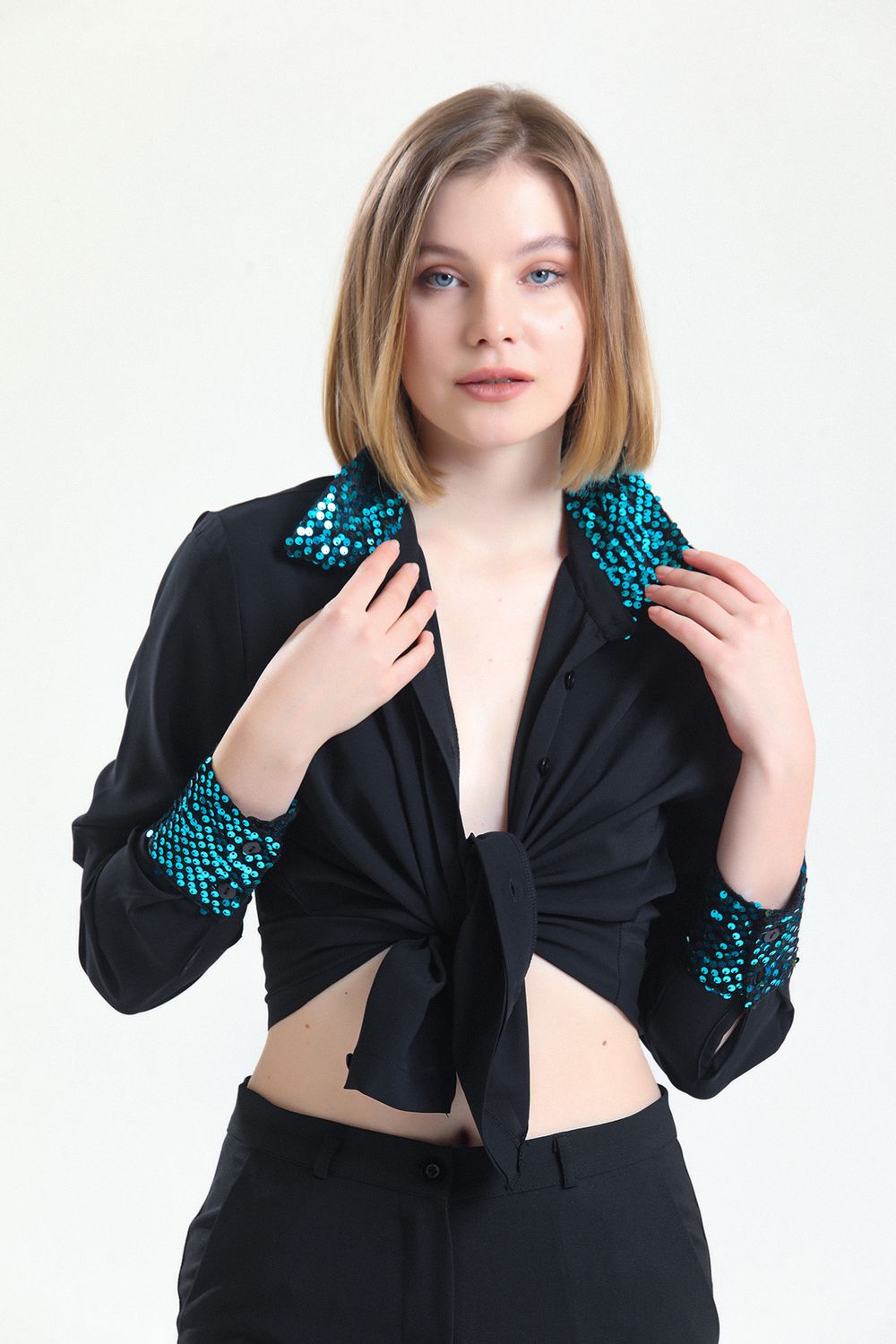 SNS Sense Petrol Black Velvet Sequined Buttoned Jesika Shirt - Troisdorf