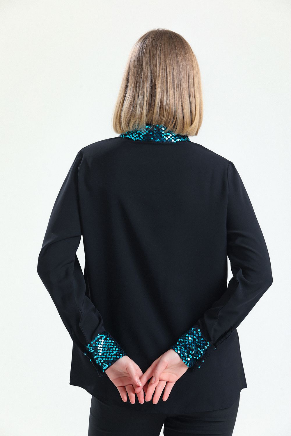 SNS Sense Petrol Black Velvet Sequined Buttoned Jesika Shirt - Troisdorf