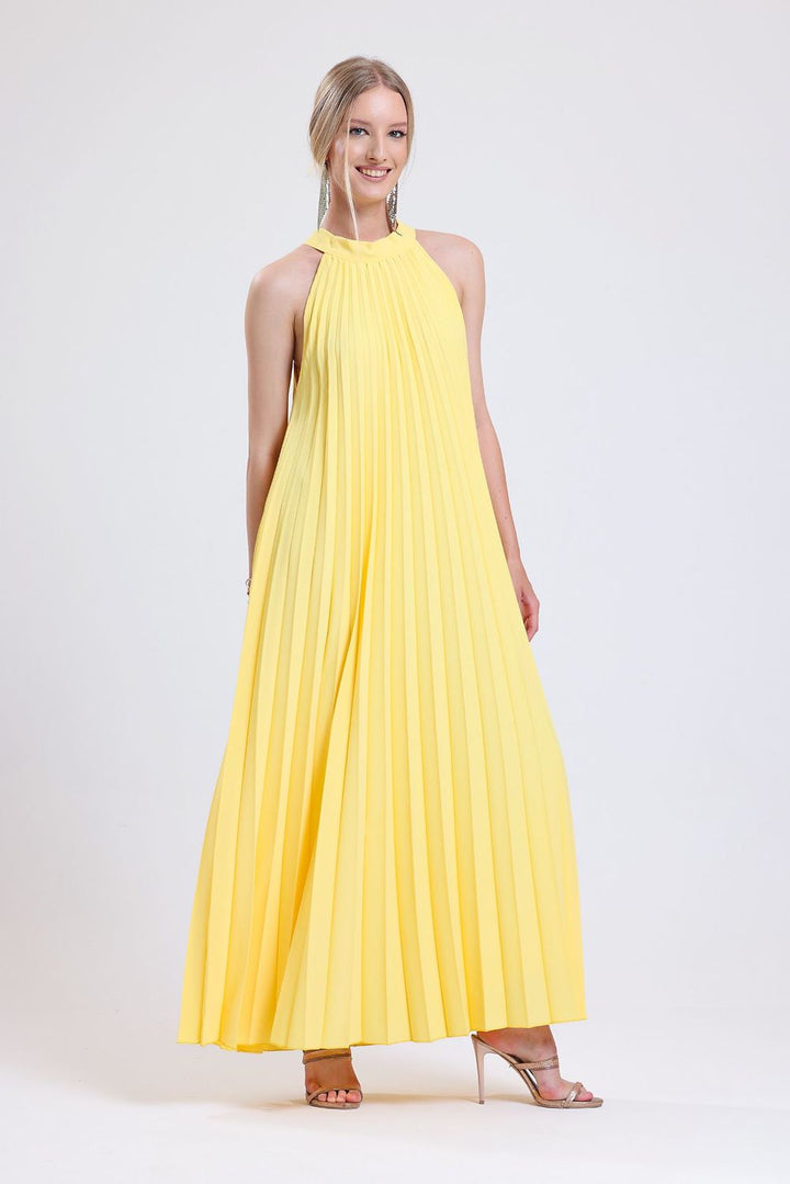 SNS Sense Yellow Lined Pleated Long Evening Dress with Patterned Chiffon - Colorado Springs