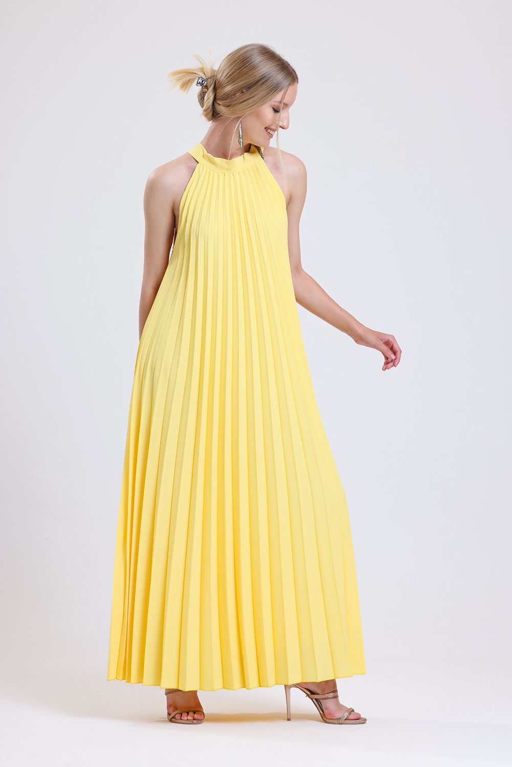 SNS Sense Yellow Lined Pleated Long Evening Dress with Patterned Chiffon - Colorado Springs