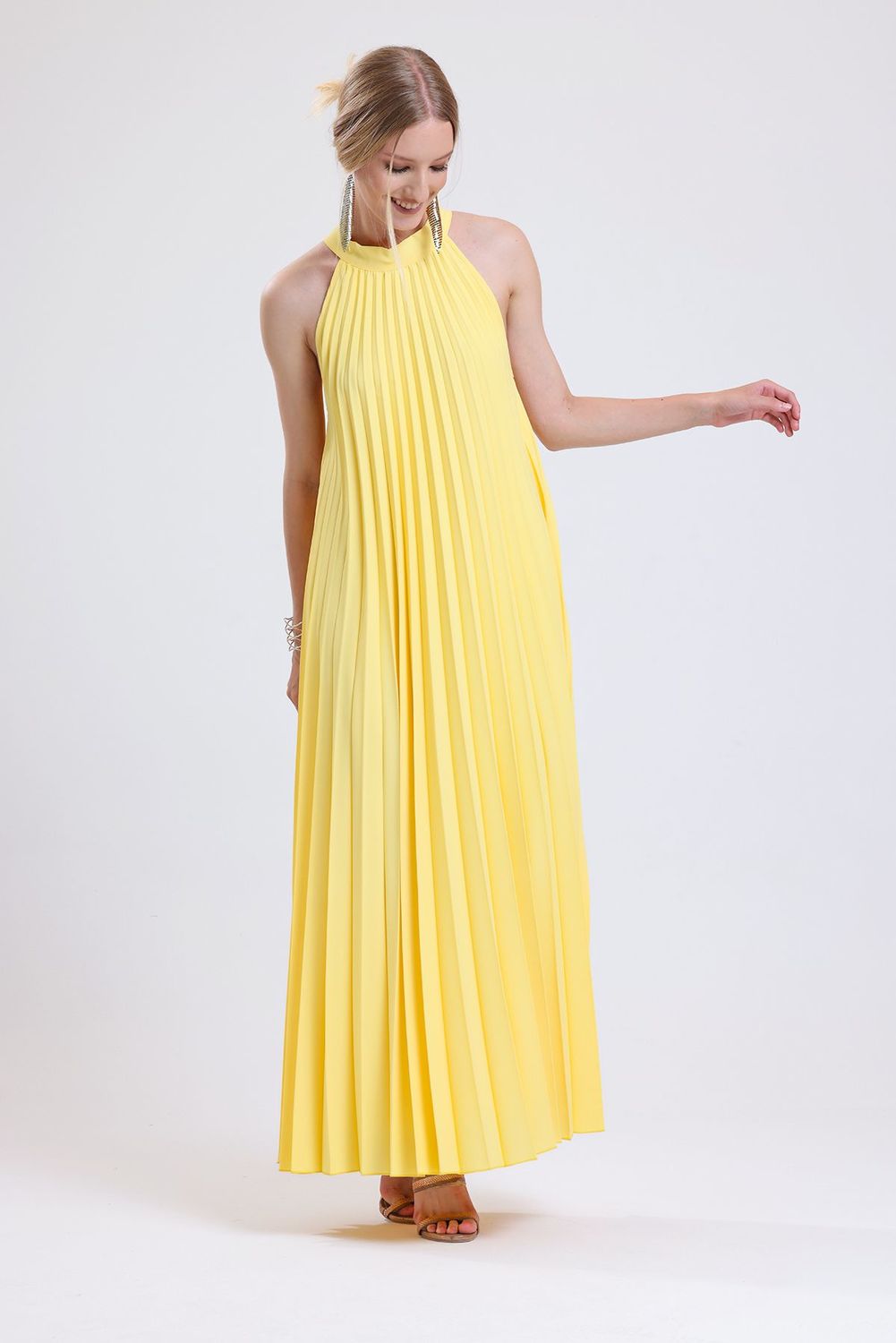 SNS Sense Yellow Lined Pleated Long Evening Dress with Patterned Chiffon - Colorado Springs