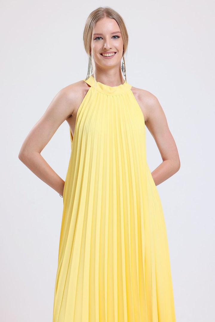 SNS Sense Yellow Lined Pleated Long Evening Dress with Patterned Chiffon - Colorado Springs