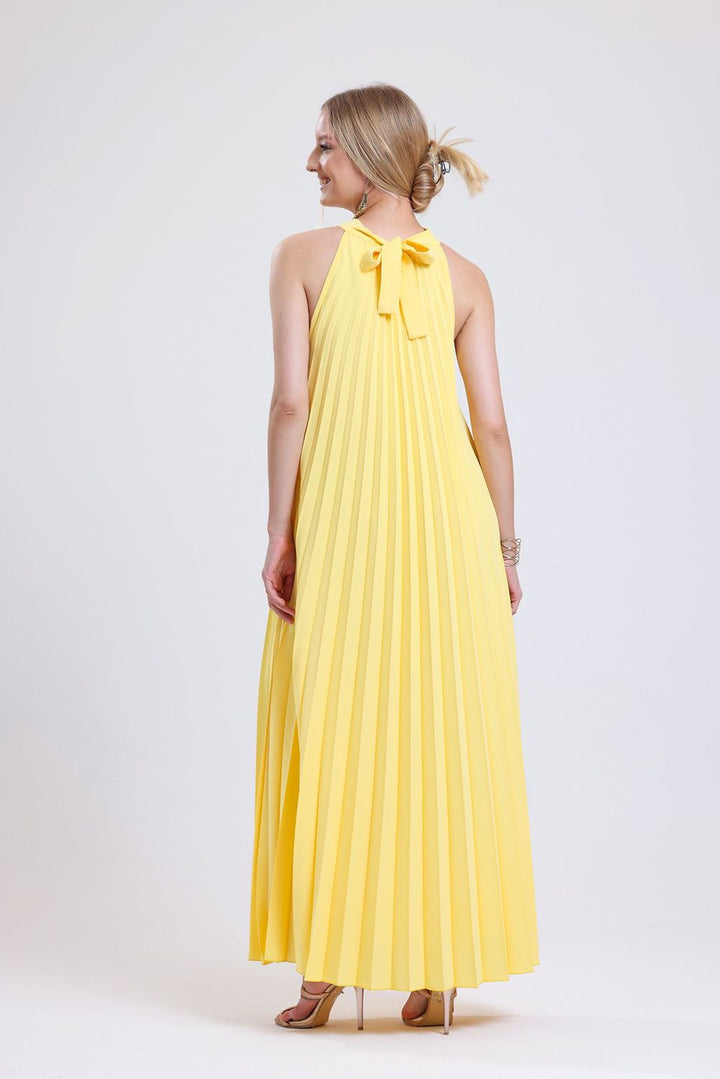 SNS Sense Yellow Lined Pleated Long Evening Dress with Patterned Chiffon - Colorado Springs