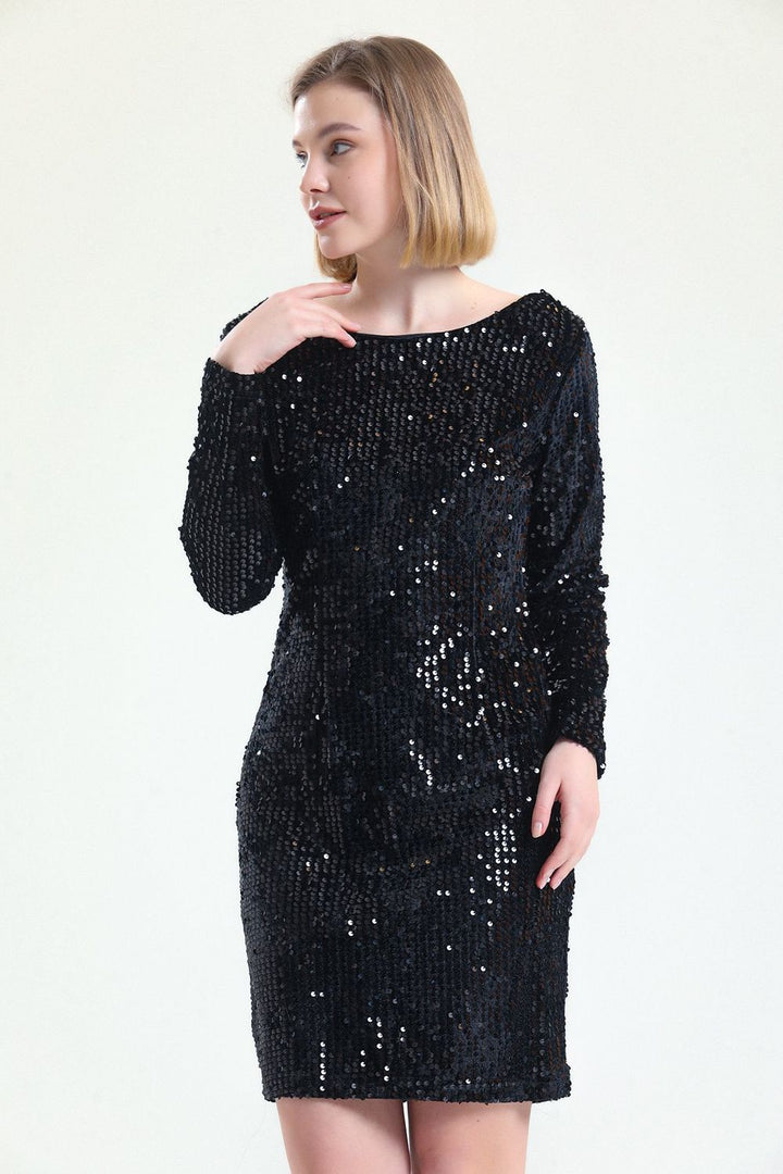 SNS Sense Black Velvet Sequined Evening Dress with Hidden Zipper - Ilkeston