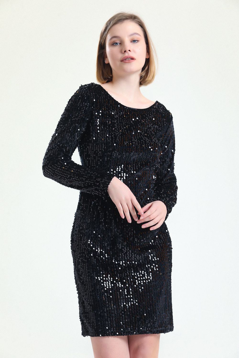 SNS Sense Black Velvet Sequined Evening Dress with Hidden Zipper - Ilkeston