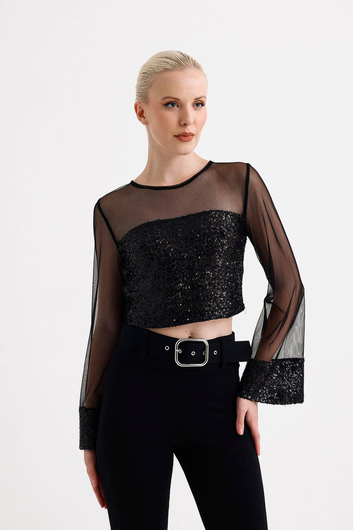 SNS Sense Black Cuff and Front-Back Sequin Sleeve and Front-Back Upper Tulle Long Sleeve Evening Blouse - Springfield