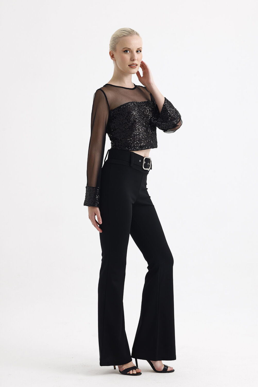 SNS Sense Black Cuff and Front-Back Sequin Sleeve and Front-Back Upper Tulle Long Sleeve Evening Blouse - Springfield