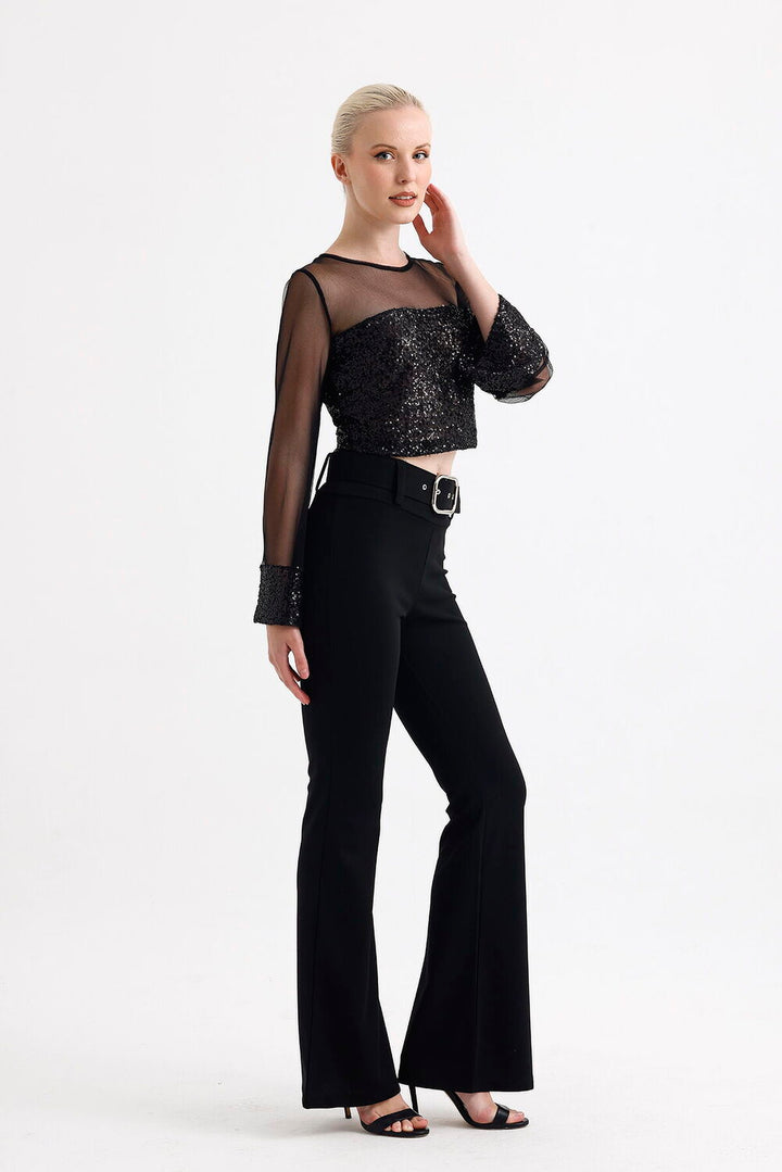 SNS Sense Black Cuff and Front-Back Sequin Sleeve and Front-Back Upper Tulle Long Sleeve Evening Blouse - Springfield