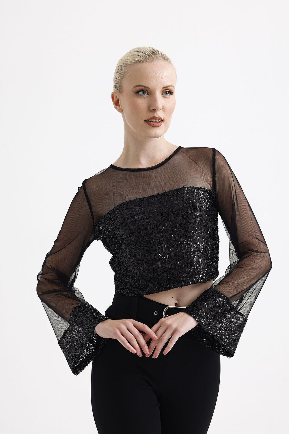 SNS Sense Black Cuff and Front-Back Sequin Sleeve and Front-Back Upper Tulle Long Sleeve Evening Blouse - Springfield