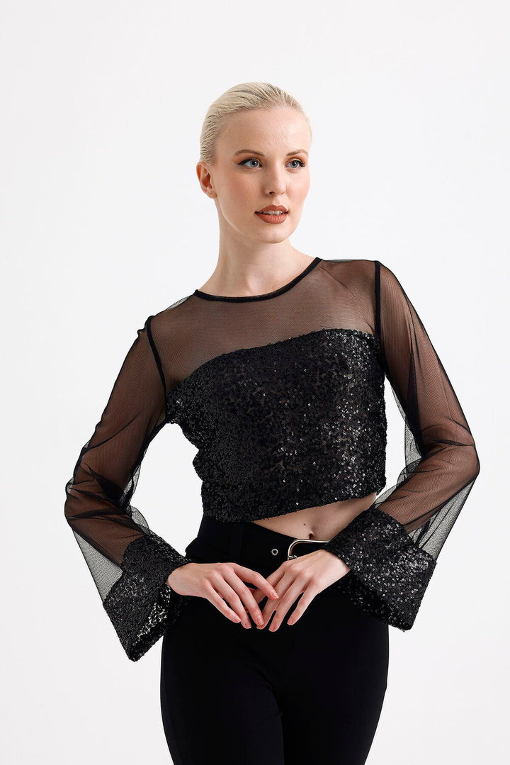 SNS Sense Black Cuff and Front-Back Sequin Sleeve and Front-Back Upper Tulle Long Sleeve Evening Blouse - Springfield