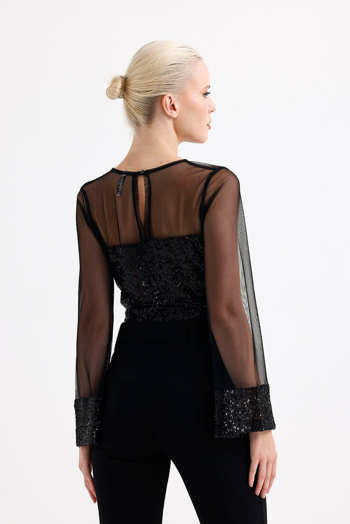 SNS Sense Black Cuff and Front-Back Sequin Sleeve and Front-Back Upper Tulle Long Sleeve Evening Blouse - Springfield