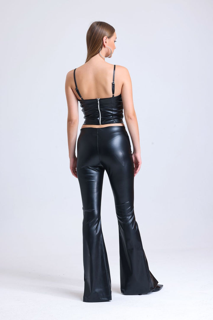 SNS Sense Black Leggings with Front Slits Elastic Waist Faux Leather Tights - Barcellona-Pozzo di Gotto