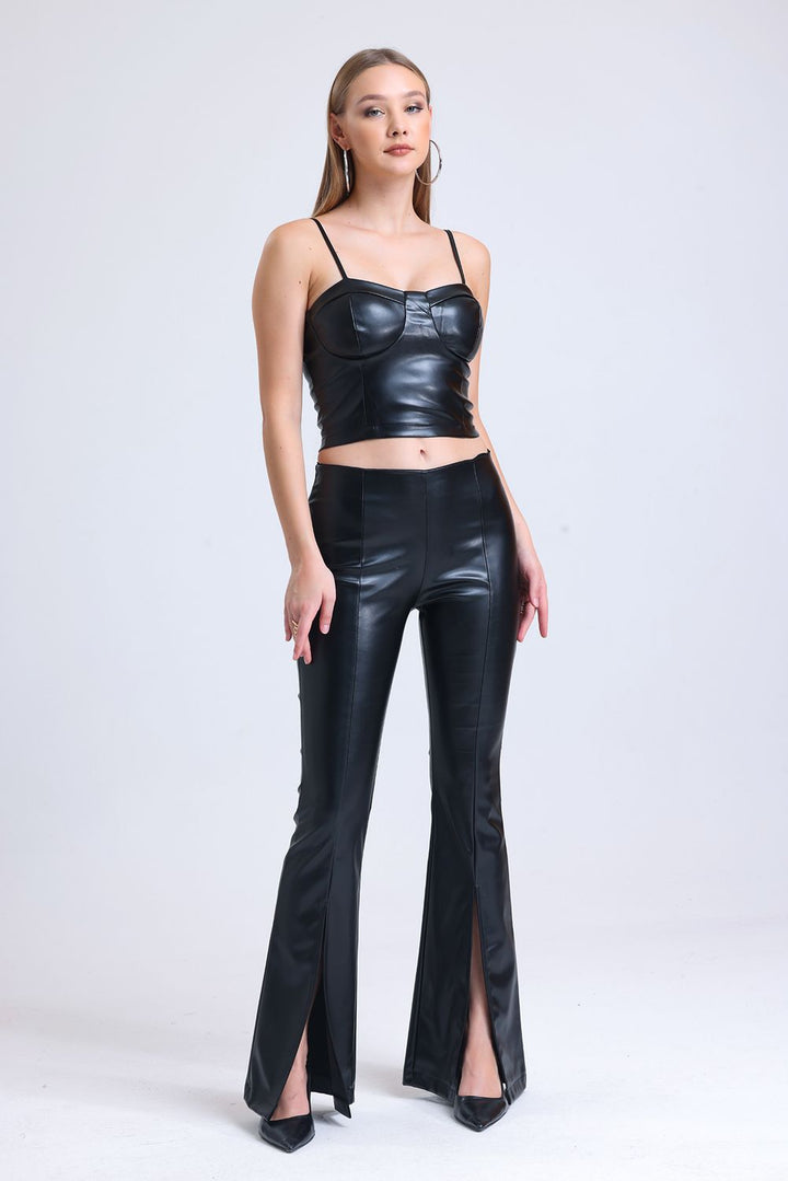 SNS Sense Black Leggings with Front Slits Elastic Waist Faux Leather Tights - Barcellona-Pozzo di Gotto