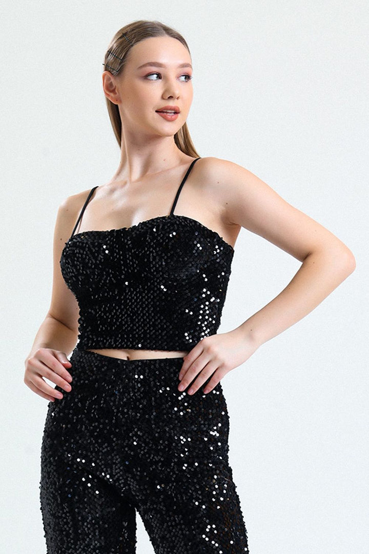 SNS Sense Black Velvet Bustier with Black Zipper and Sequins - Port Huron