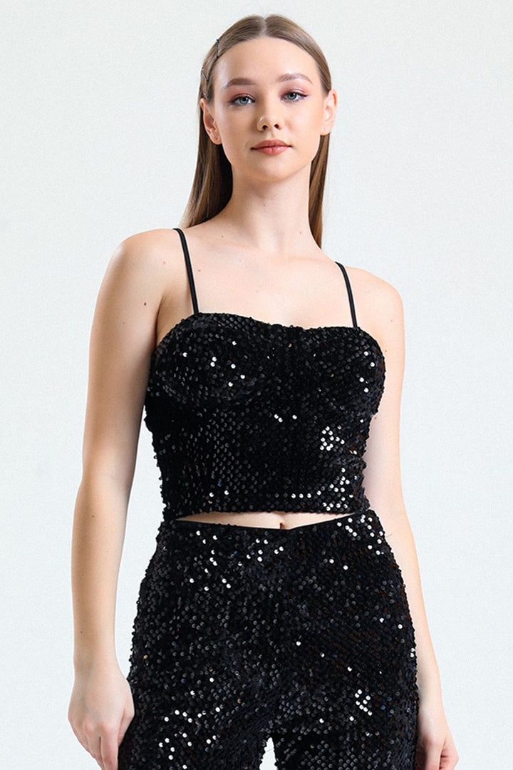 SNS Sense Black Velvet Bustier with Black Zipper and Sequins - Port Huron