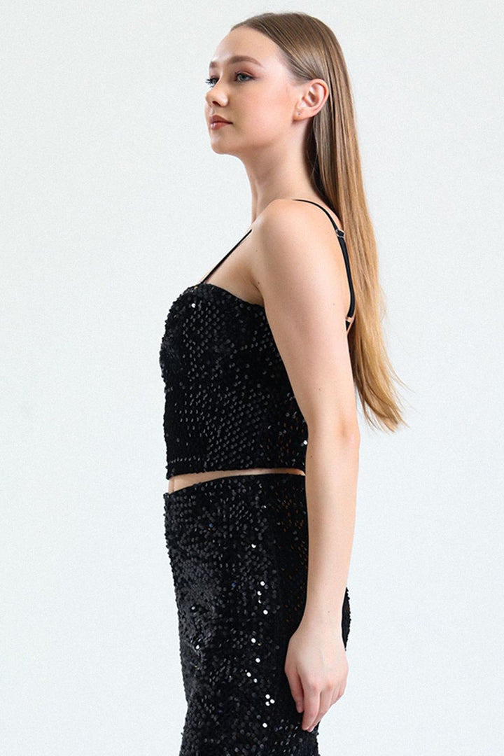 SNS Sense Black Velvet Bustier with Black Zipper and Sequins - Port Huron