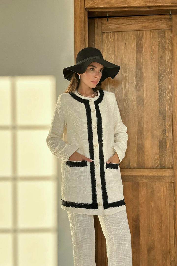 ELS Striped Collarless Jacket and Pants Set - Ecru - Spijkenisse