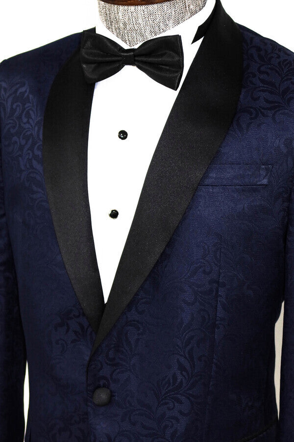 WSS Shawl Lapel Floral Patterned Navy Blue Men Prom Blazer  - Singen