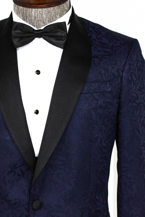 WSS Shawl Lapel Floral Patterned Navy Blue Men Prom Blazer  - Singen