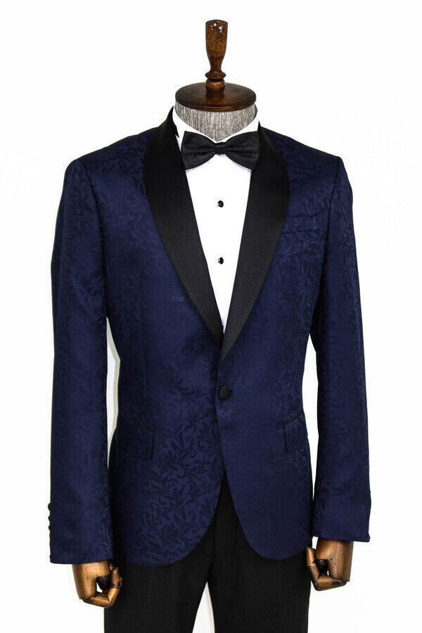 WSS Shawl Lapel Floral Patterned Navy Blue Men Prom Blazer  - Singen