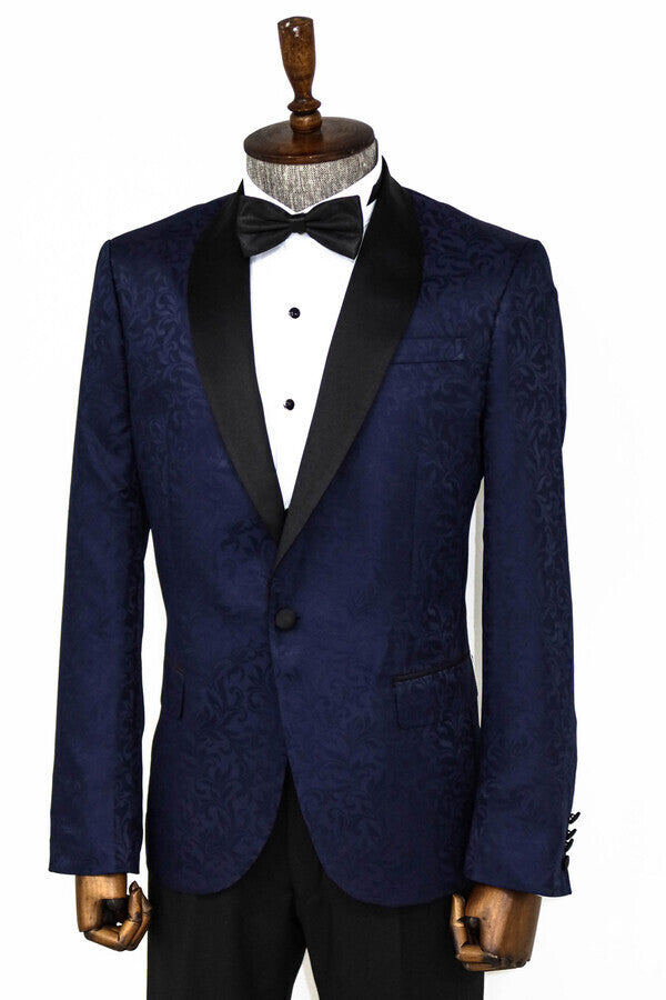 WSS Shawl Lapel Floral Patterned Navy Blue Men Prom Blazer  - Singen