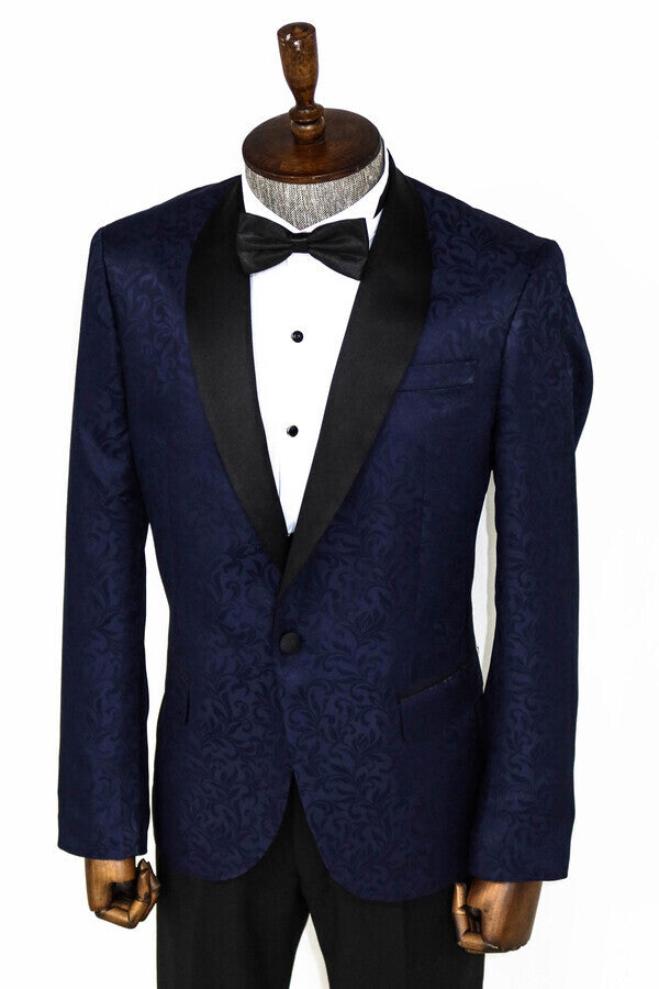 WSS Shawl Lapel Floral Patterned Navy Blue Men Prom Blazer  - Singen