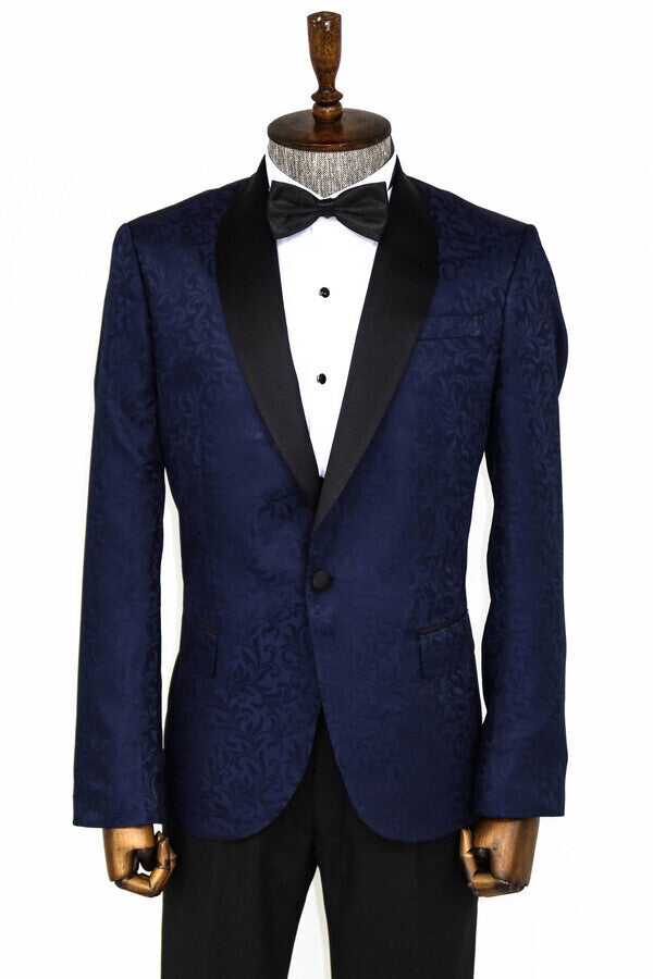 WSS Shawl Lapel Floral Patterned Navy Blue Men Prom Blazer  - Singen