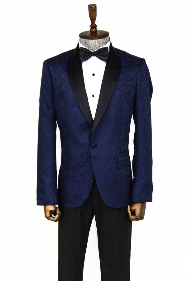 WSS Shawl Lapel Floral Patterned Navy Blue Men Prom Blazer  - Singen