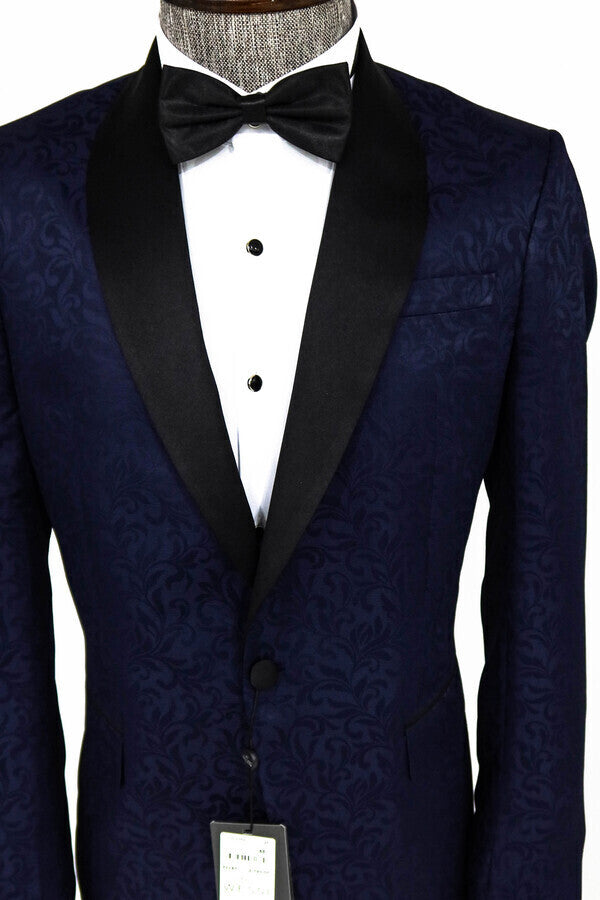 WSS Shawl Lapel Floral Patterned Navy Blue Men Prom Blazer  - Singen