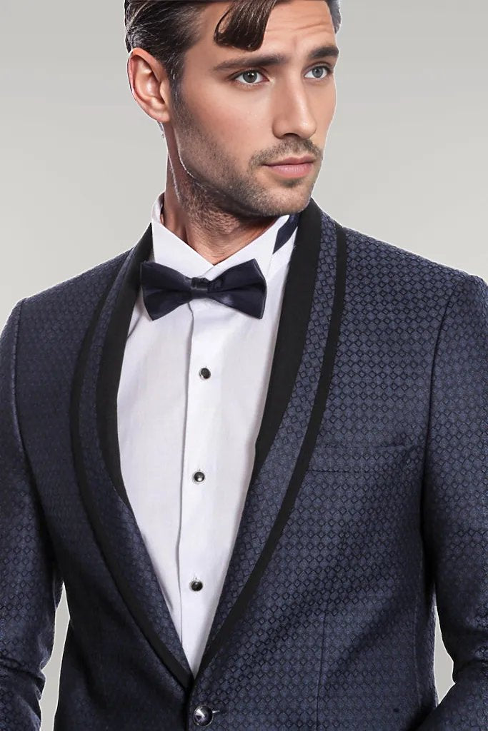 WSS Shawl Lapel Patterned Slim Fit Navy Blue Tuxedo  - Singen