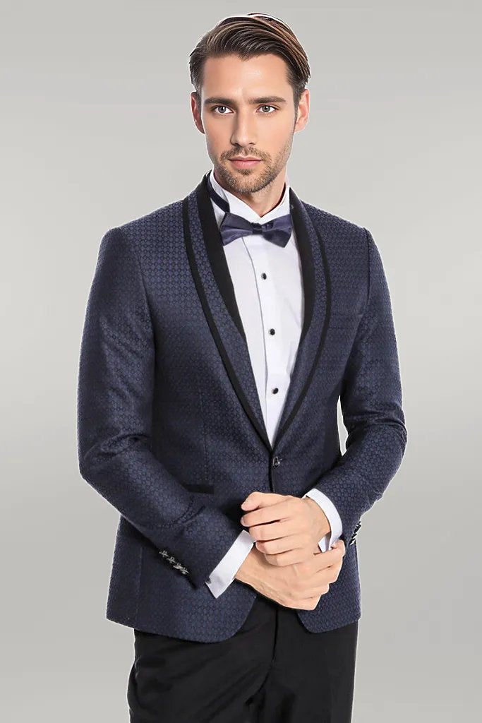 WSS Shawl Lapel Patterned Slim Fit Navy Blue Tuxedo  - Singen