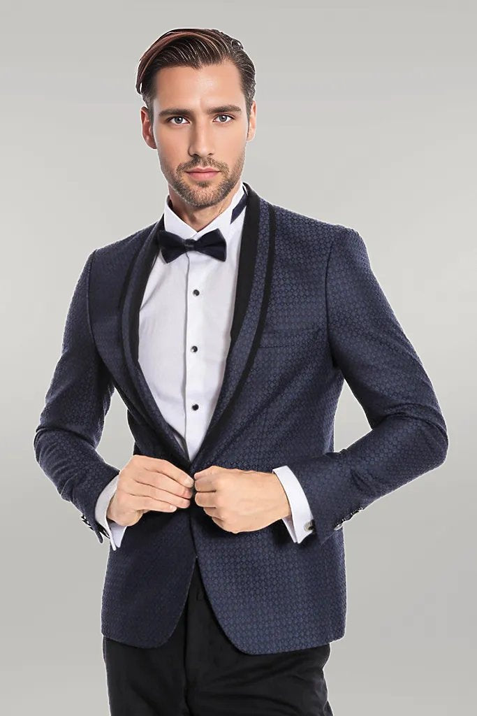 WSS Shawl Lapel Patterned Slim Fit Navy Blue Tuxedo  - Singen