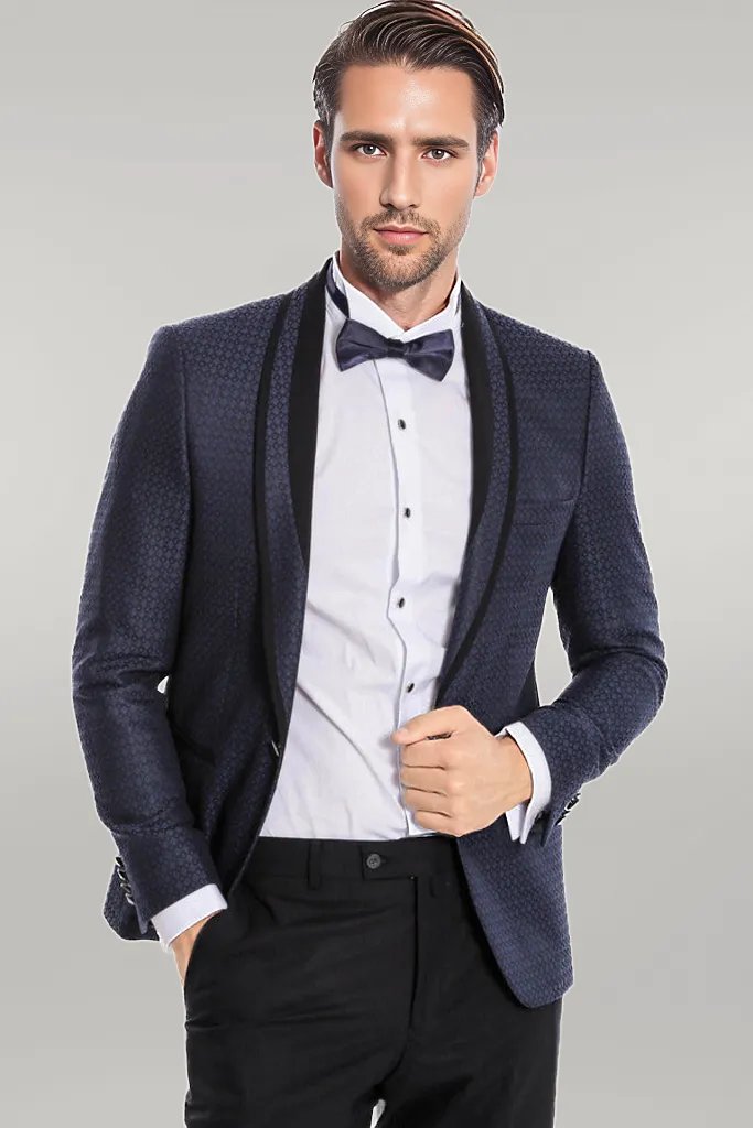 WSS Shawl Lapel Patterned Slim Fit Navy Blue Tuxedo  - Singen