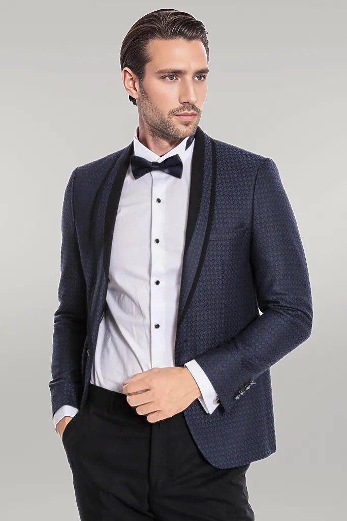 WSS Shawl Lapel Patterned Slim Fit Navy Blue Tuxedo  - Singen