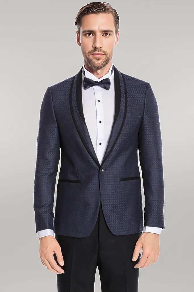 WSS Shawl Lapel Patterned Slim Fit Navy Blue Tuxedo  - Singen