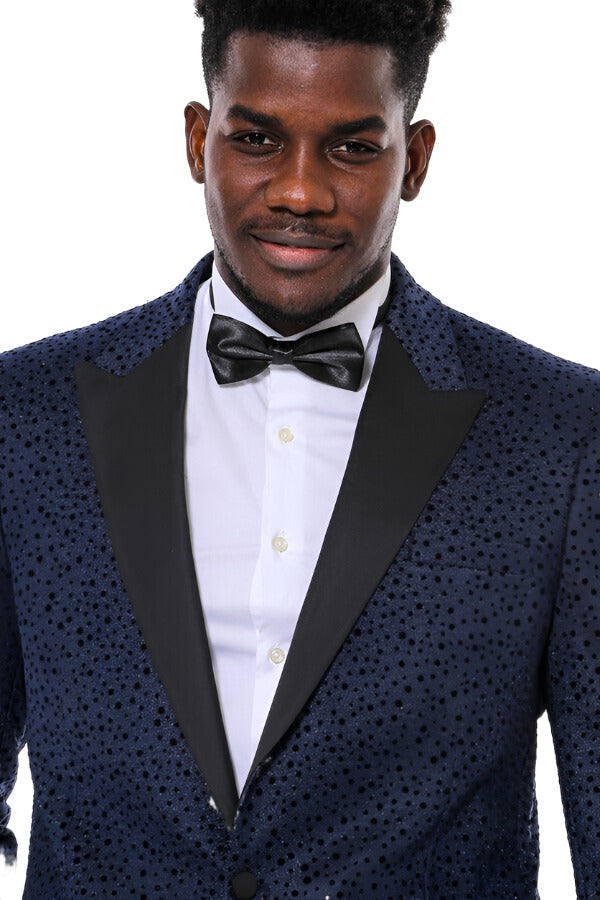 WSS Shiny Dot Patterned Navy Blue Men Prom Blazer  - Singen