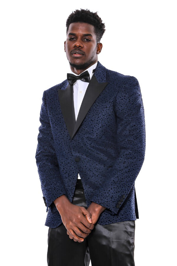 WSS Shiny Dot Patterned Navy Blue Men Prom Blazer  - Singen