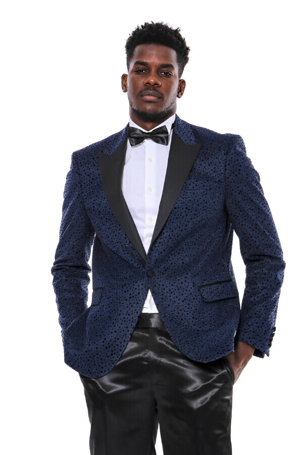 WSS Shiny Dot Patterned Navy Blue Men Prom Blazer  - Singen