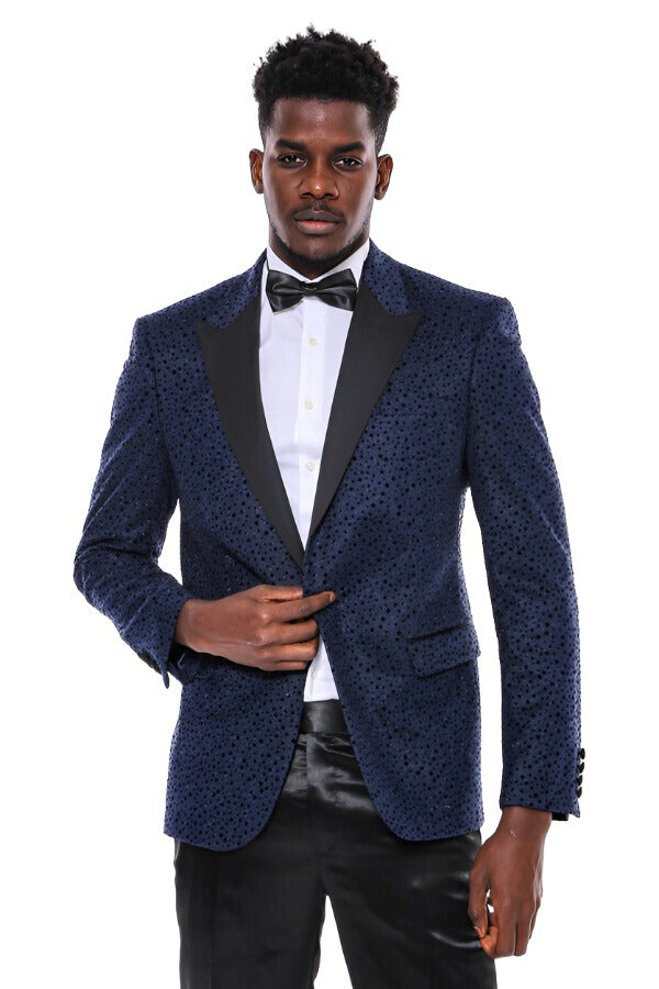 WSS Shiny Dot Patterned Navy Blue Men Prom Blazer  - Singen