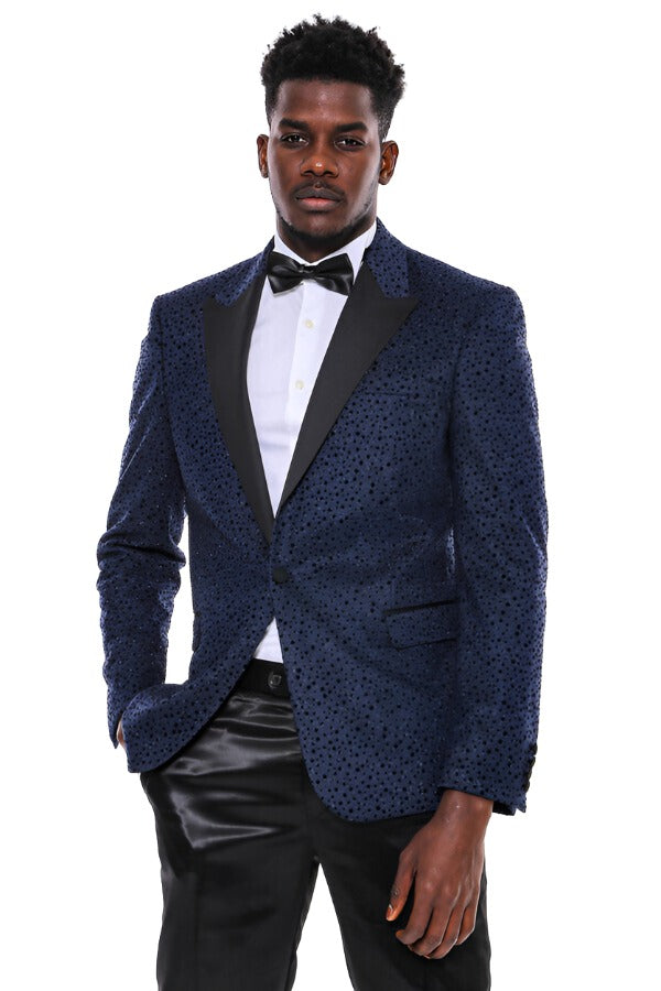 WSS Shiny Dot Patterned Navy Blue Men Prom Blazer  - Singen