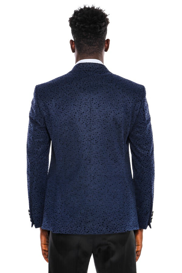 WSS Shiny Dot Patterned Navy Blue Men Prom Blazer  - Singen