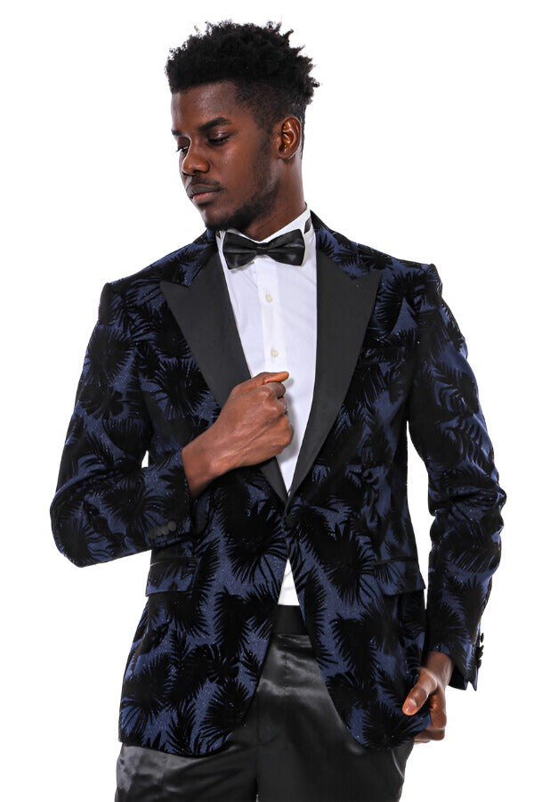 WSS Shiny Leaf Patterned Navy Blue Men Prom Blazer  - Singen