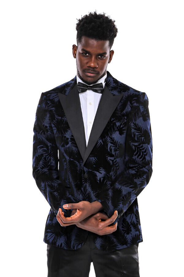 WSS Shiny Leaf Patterned Navy Blue Men Prom Blazer  - Singen