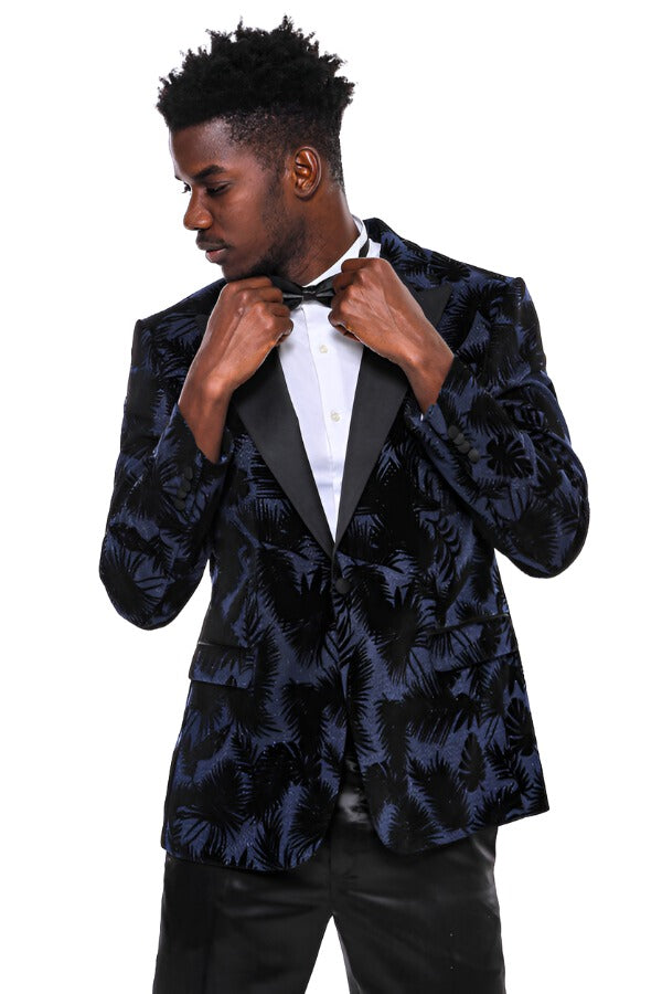 WSS Shiny Leaf Patterned Navy Blue Men Prom Blazer  - Singen