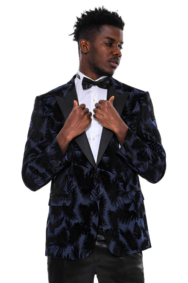 WSS Shiny Leaf Patterned Navy Blue Men Prom Blazer  - Singen