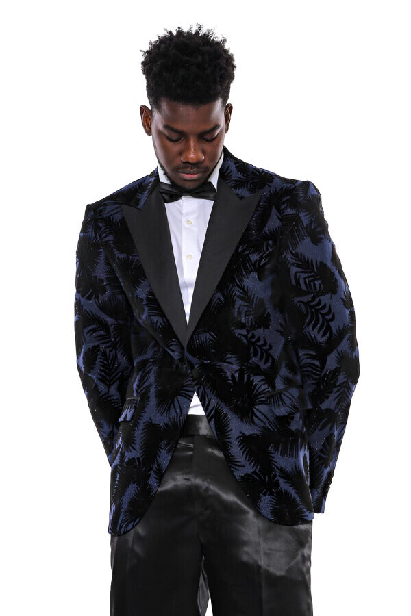 WSS Shiny Leaf Patterned Navy Blue Men Prom Blazer  - Singen