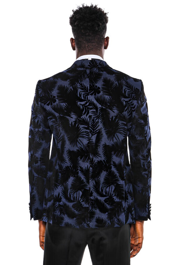 WSS Shiny Leaf Patterned Navy Blue Men Prom Blazer  - Singen