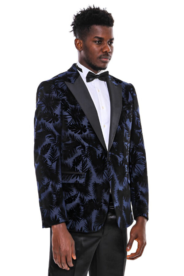 WSS Shiny Leaf Patterned Navy Blue Men Prom Blazer  - Singen