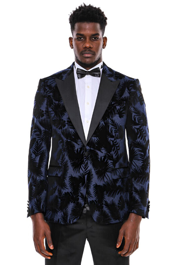 WSS Shiny Leaf Patterned Navy Blue Men Prom Blazer  - Singen