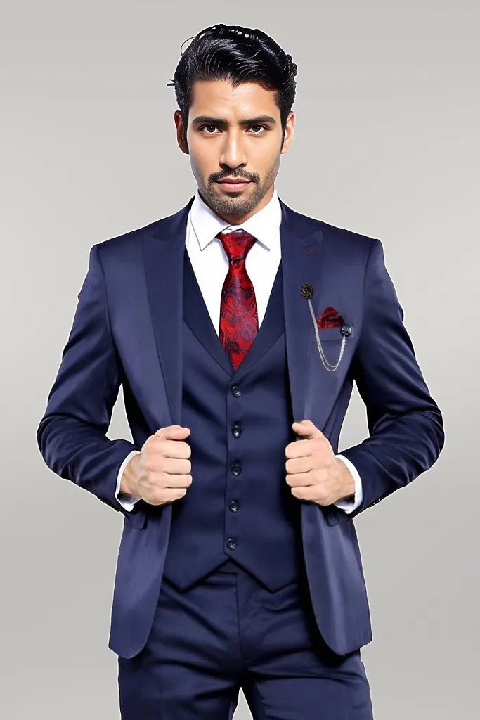 WSS Single Button Dark Blue Vested Suit  - Singen